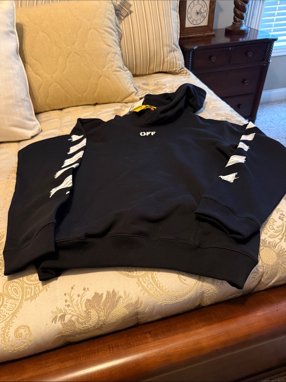 Off-White Black Hoodie with White Sleeve Brush Graphics
